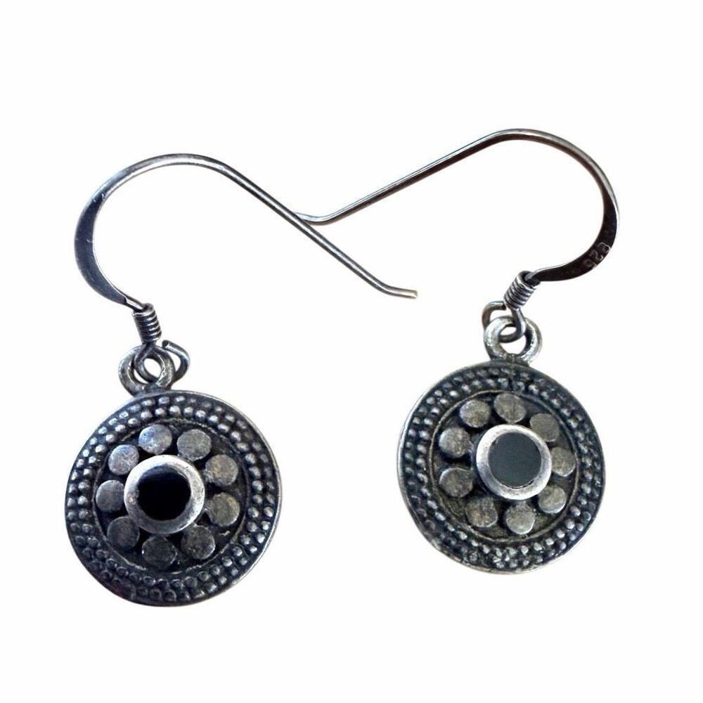 Sterling Silver 925 Oxidized Disc Drop Earrings Black Onyx